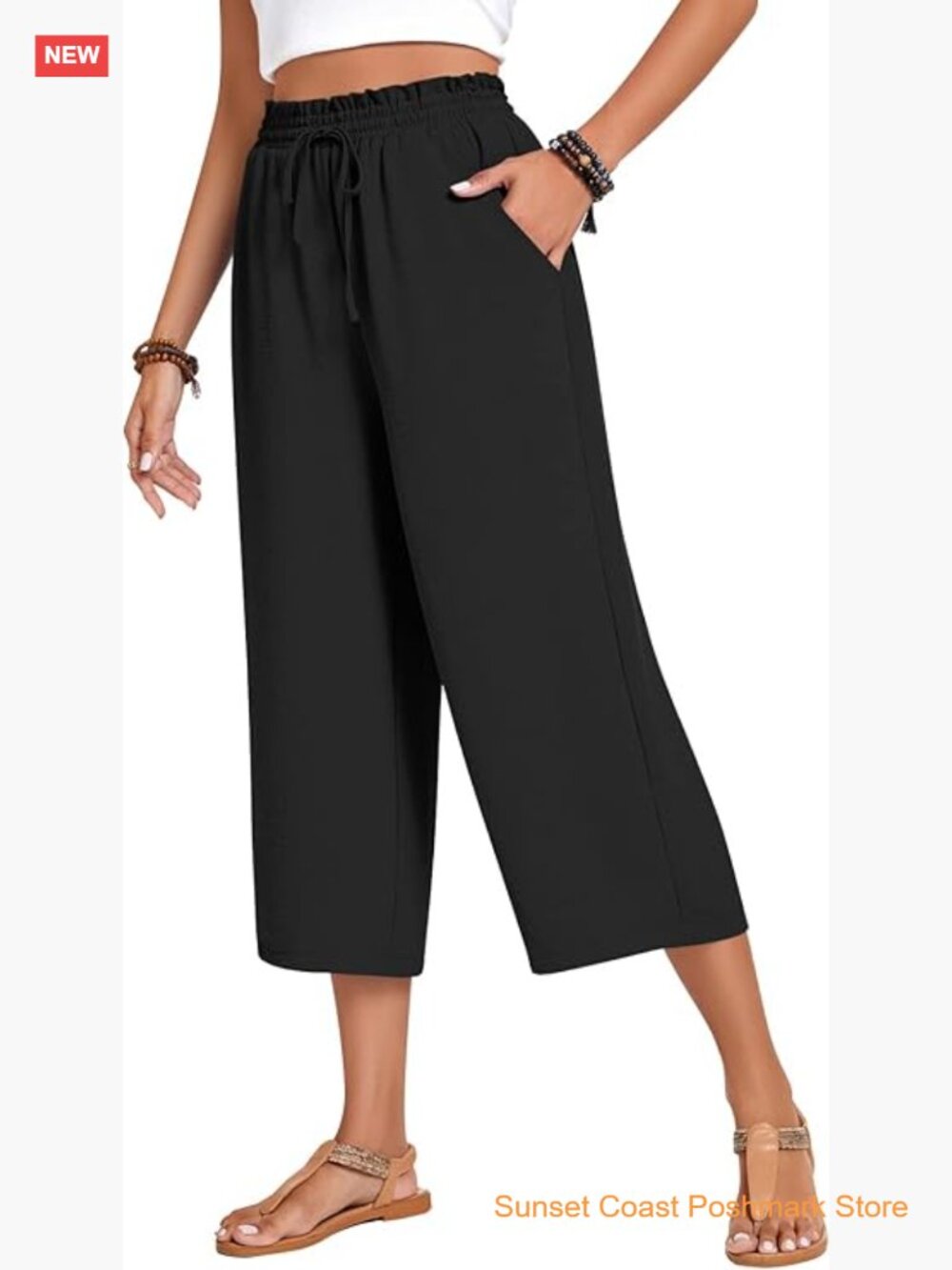 Women's Drawstring High Waisted Wide Leg Capri Palazzo Pants with Pockets